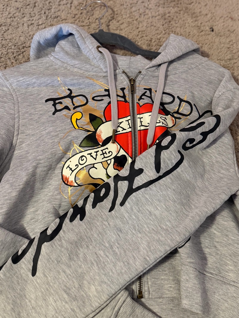 Ed Hardy Light Gray Zip Hoodie with Dark Gray Trim - Picture 2 of 2